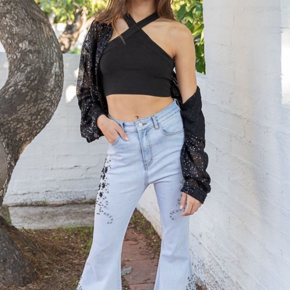 Oversized Button Down Black with Silver Sequins Cropped Blouse - Picture 9 of 9